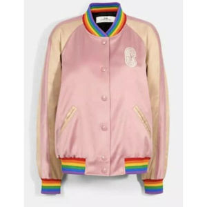 NWT COACH Horse Carriage Embroidery Rainbow Souvenir Varsity Jacket  Pink SMALL